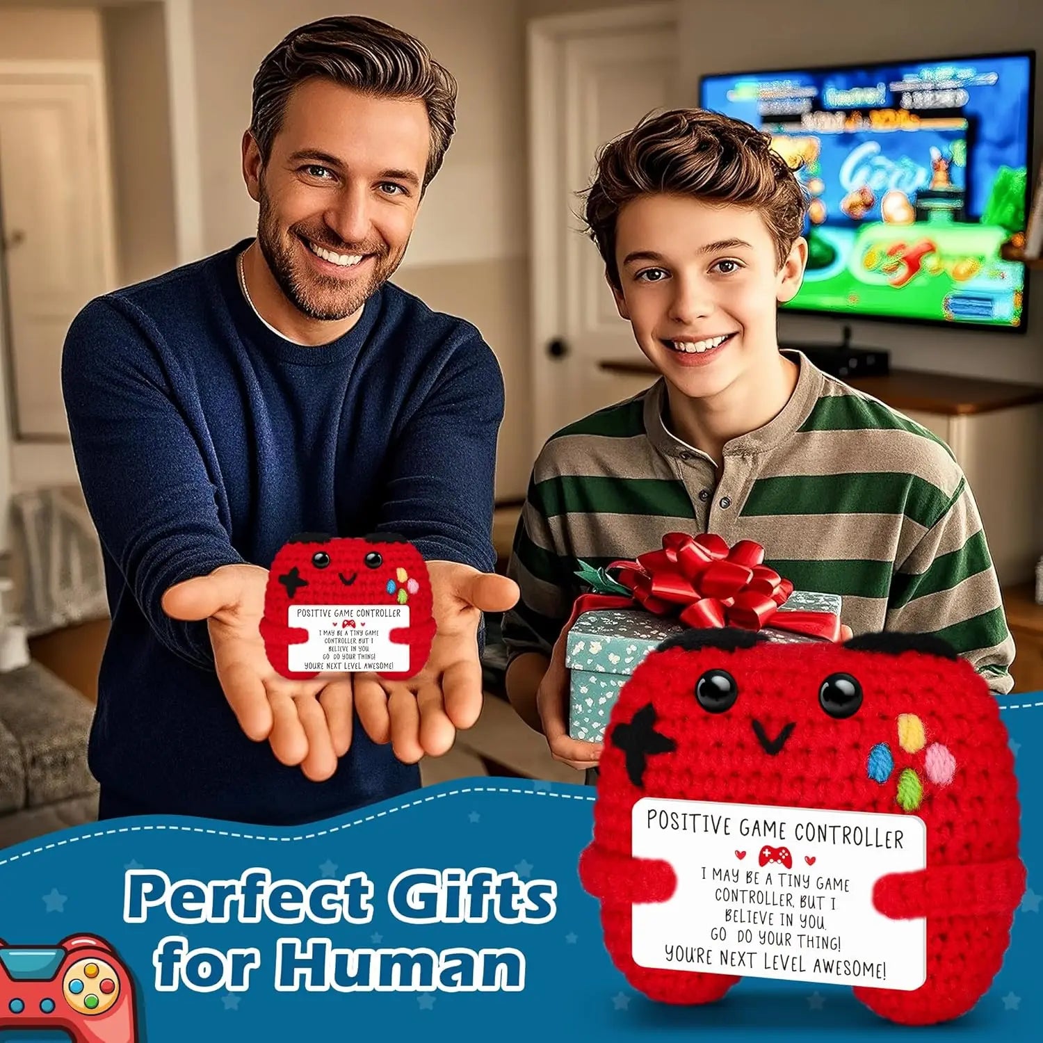 Funny Emotional Support Positive Crochet Game Controller Doll Christmas Home Decor Handmade Knitted Game Controller Ornament